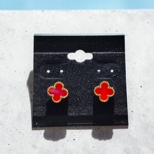 Elegent Red & Gold Clover Stainless Steel Earrings
